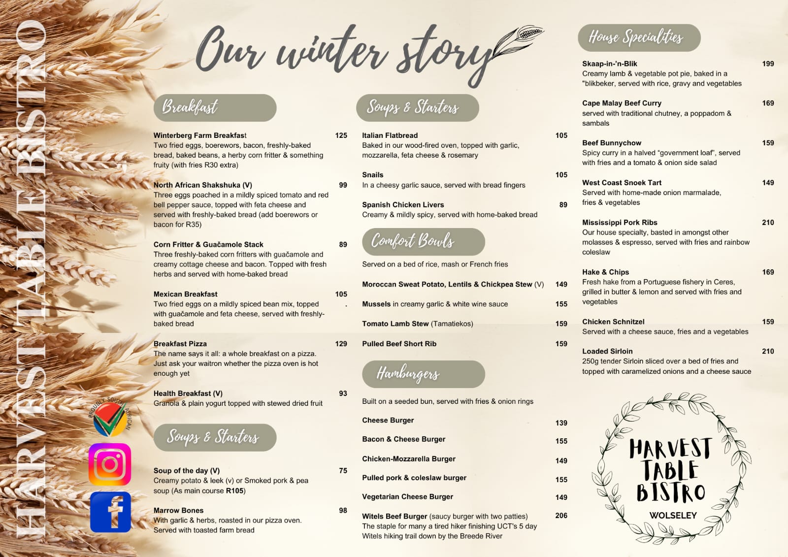 Harvest Table Bistro menu page one: breakfast, salads, comfort bowls and house specialities