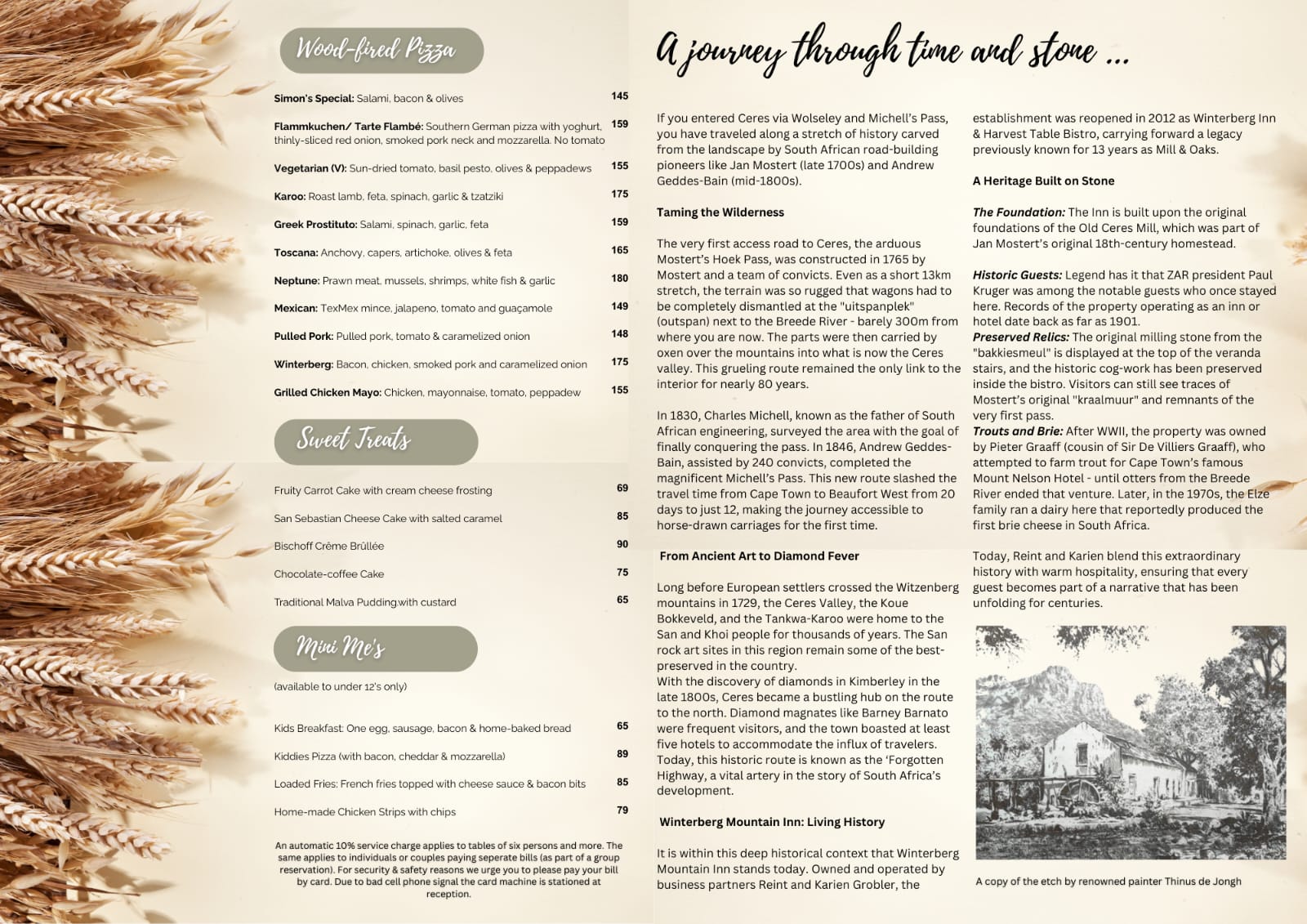 Harvest Table Bistro menu page two: wood-fired pizza, desserts and restaurant history